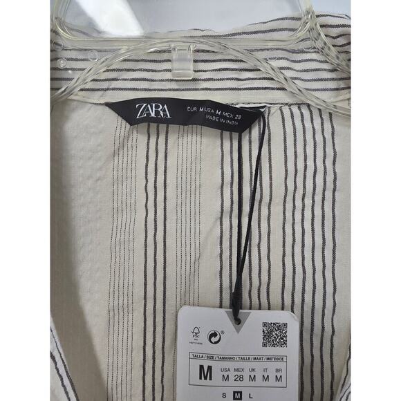 NWT Zara V Neck High Waisted Dress Striped Bow Cream Black Size Med Lightweight - Picture 9 of 11